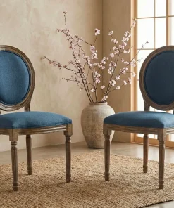 Lot de 2 chaises médaillon Louis XVI Bois massif patiné et Tissu Bleu