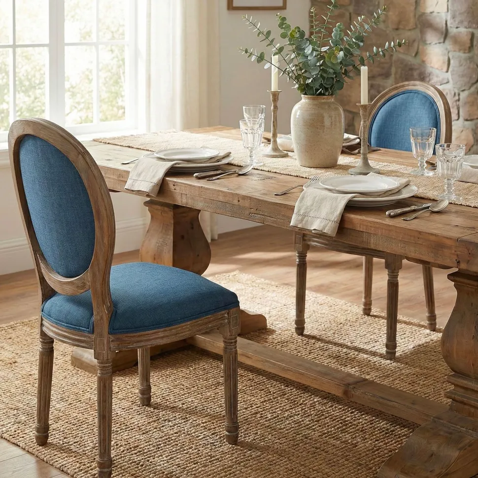 Lot de 2 chaises médaillon Louis XVI Bois massif patiné et Tissu Bleu