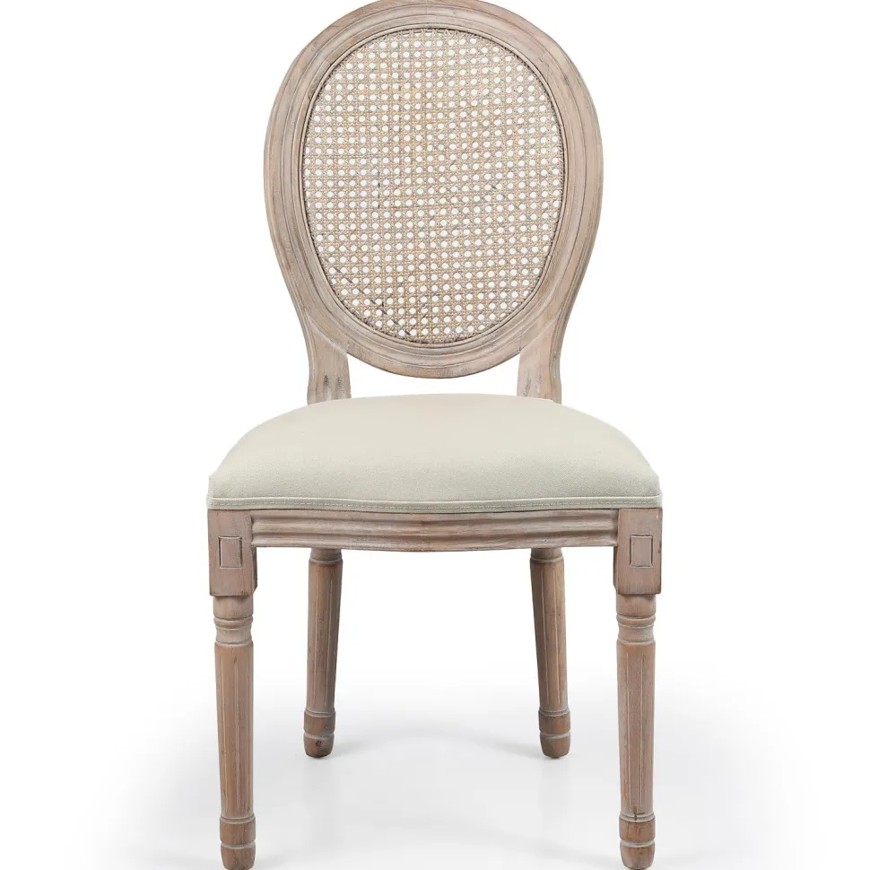 Lot de 2 chaises médaillon Louis XVI Bois massif patiné avec cannage et Tissu Beige