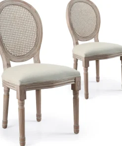 Lot de 2 chaises médaillon Louis XVI Bois massif patiné avec cannage et Tissu Beige