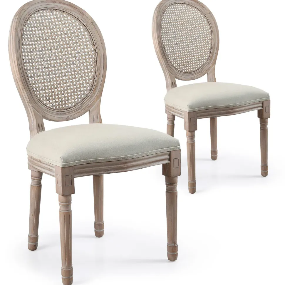 Lot de 2 chaises médaillon Louis XVI Bois massif patiné avec cannage et Tissu Beige