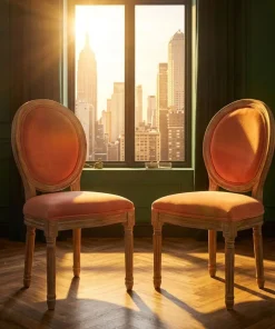 Lot de 2 chaises médaillon Louis XVI Bois massif patiné et Velours Rose poudré
