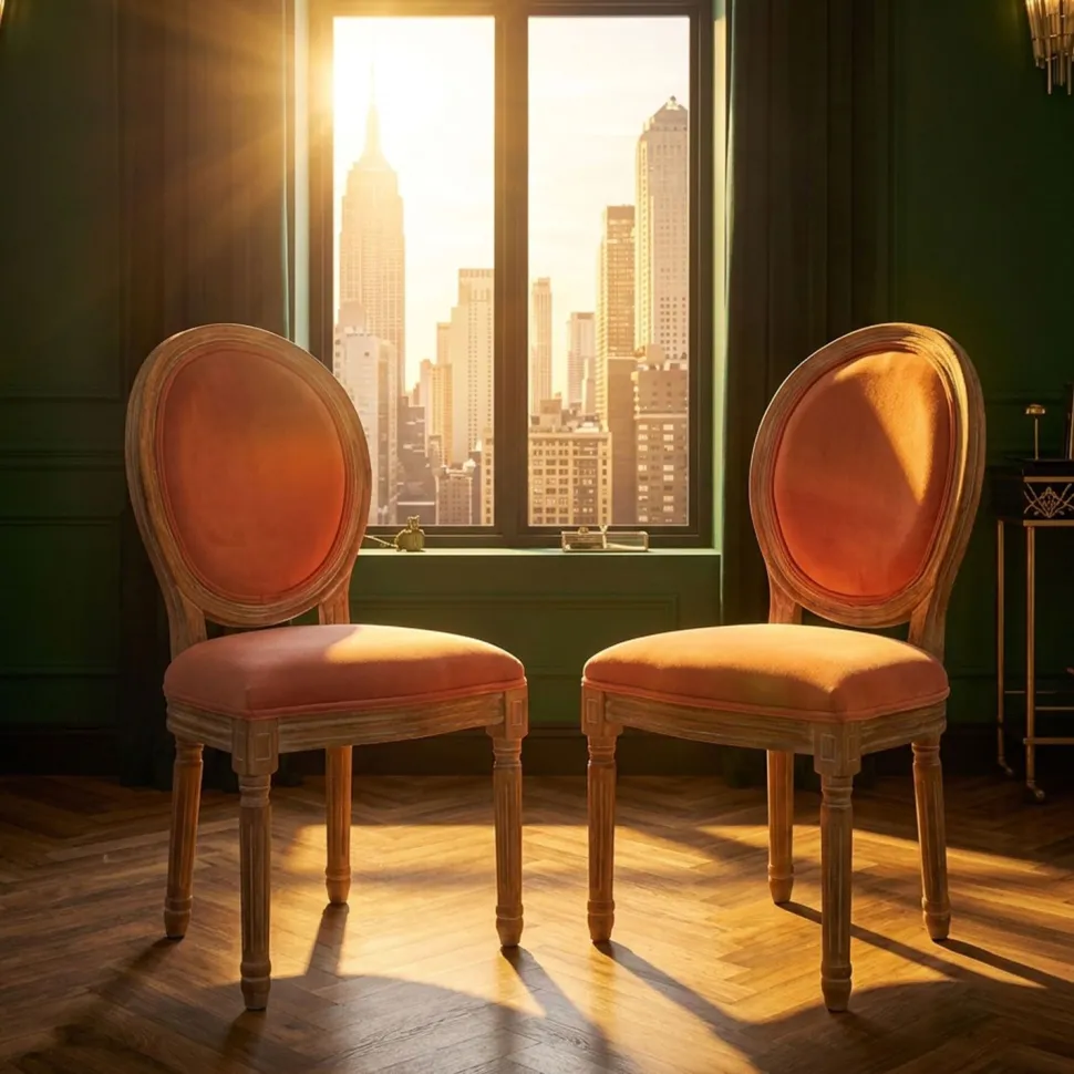 Lot de 2 chaises médaillon Louis XVI Bois massif patiné et Velours Rose poudré