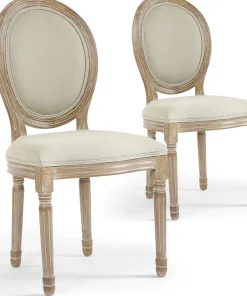 Lot de 2 chaises médaillon style Louis XVI Bois massif patiné clair et Tissu Beige