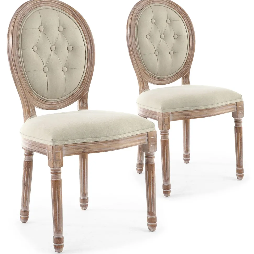 Lot de 2 chaises médaillon Louis XVI Bois massif patiné et Tissu capitonné Beige
