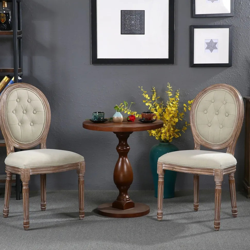 Lot de 2 chaises médaillon Louis XVI Bois massif patiné et Tissu capitonné Beige