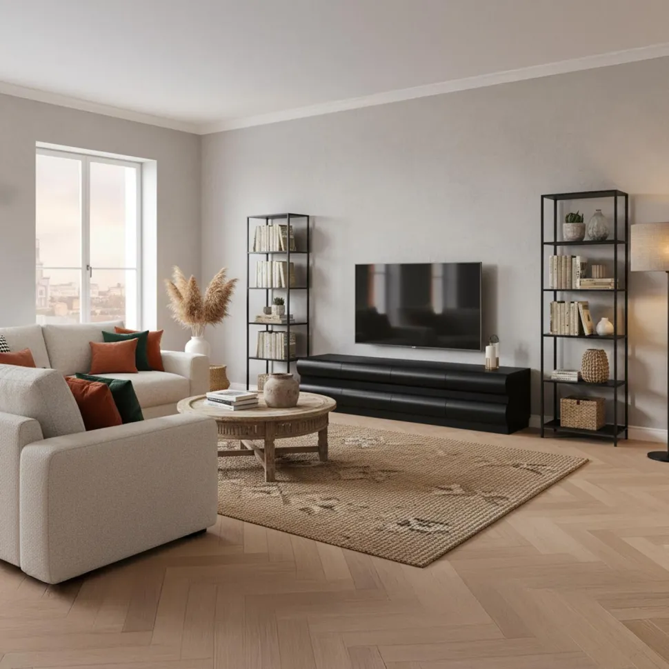 Meuble tv 8 tiroirs arrondis Mezade Bois Noir