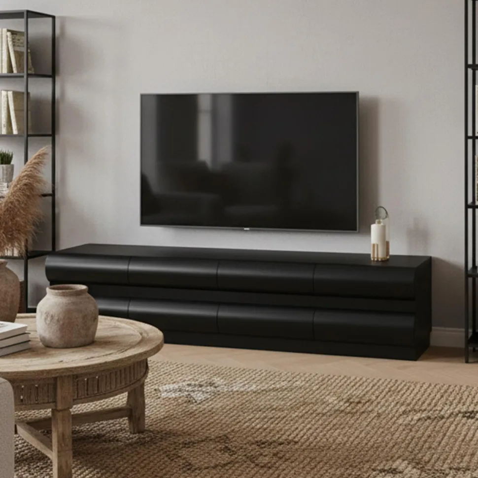 Meuble tv 8 tiroirs arrondis Mezade Bois Noir