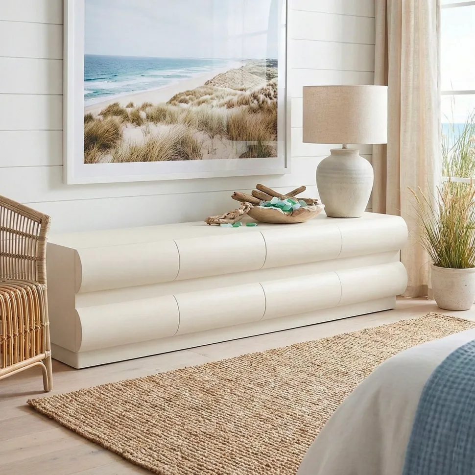 Meuble tv 8 tiroirs arrondis Mezade L180cm Crème