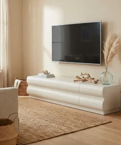 Meuble tv 8 tiroirs arrondis Mezade L180cm Crème
