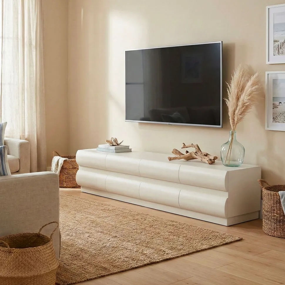 Meuble tv 8 tiroirs arrondis Mezade L180cm Crème