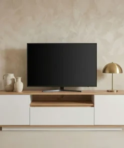 Meuble TV au design linéaire Iliade L180cm Bois clair et Blanc