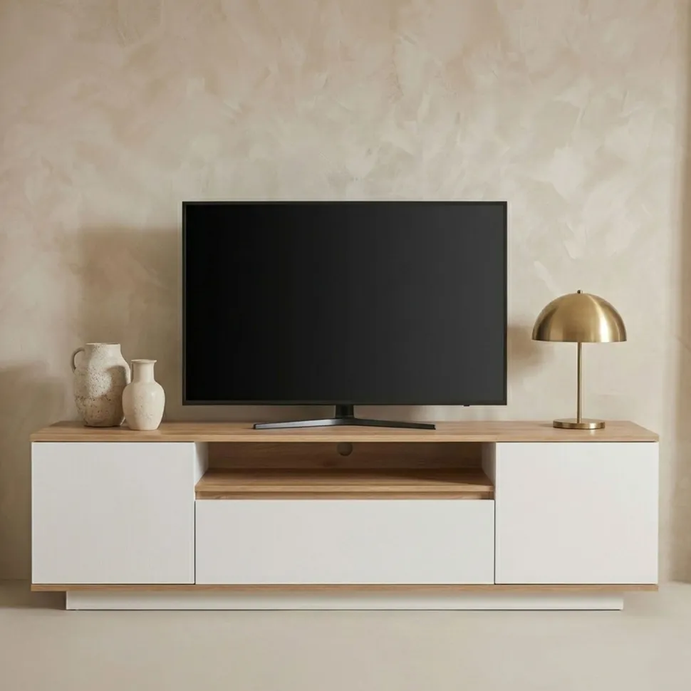 Meuble TV au design linéaire Iliade L180cm Bois clair et Blanc