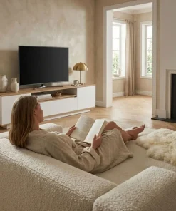 Meuble TV au design linéaire Iliade L180cm Bois clair et Blanc