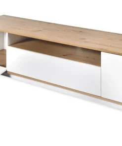 Meuble TV au design linéaire Iliade L180cm Bois clair et Blanc