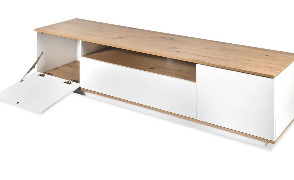 Meuble TV au design linéaire Iliade L180cm Bois clair et Blanc