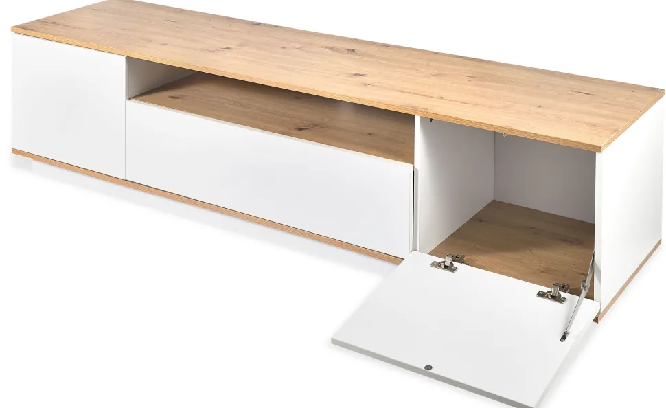 Meuble TV au design linéaire Iliade L180cm Bois clair et Blanc