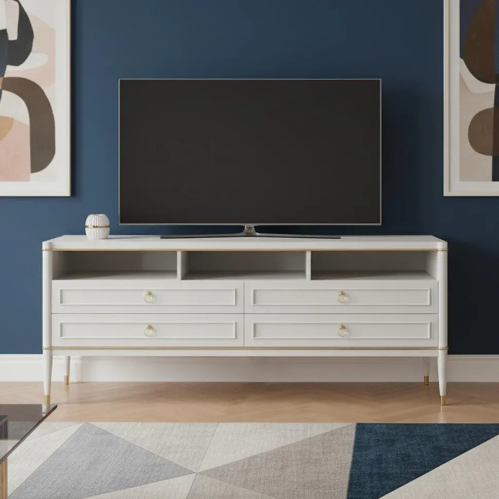 Meuble TV élégant 4 tiroirs Optimus Beige clair et Or