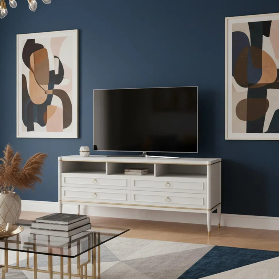Meuble TV élégant 4 tiroirs Optimus Beige clair et Or