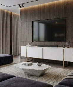 Meuble TV moderne avec 2 portes Valmain L180cm Blanc et Métal Or