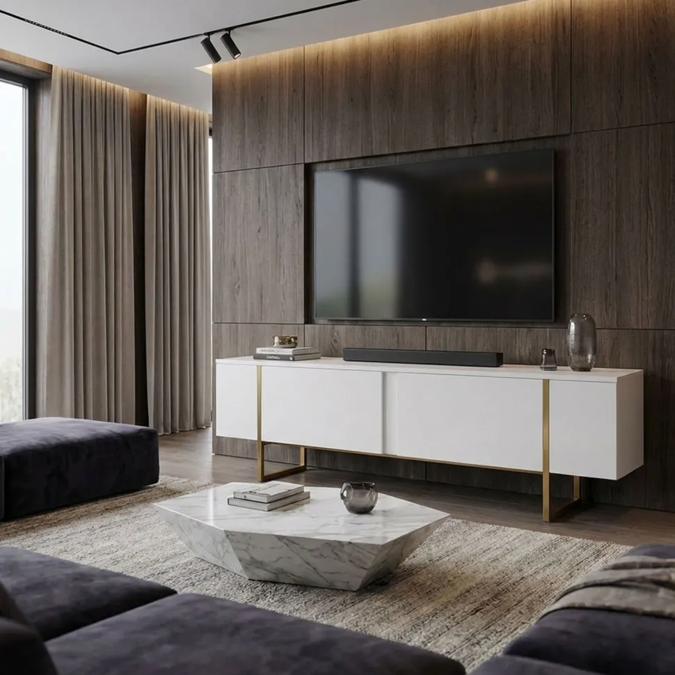 Meuble TV moderne avec 2 portes Valmain L180cm Blanc et Métal Or