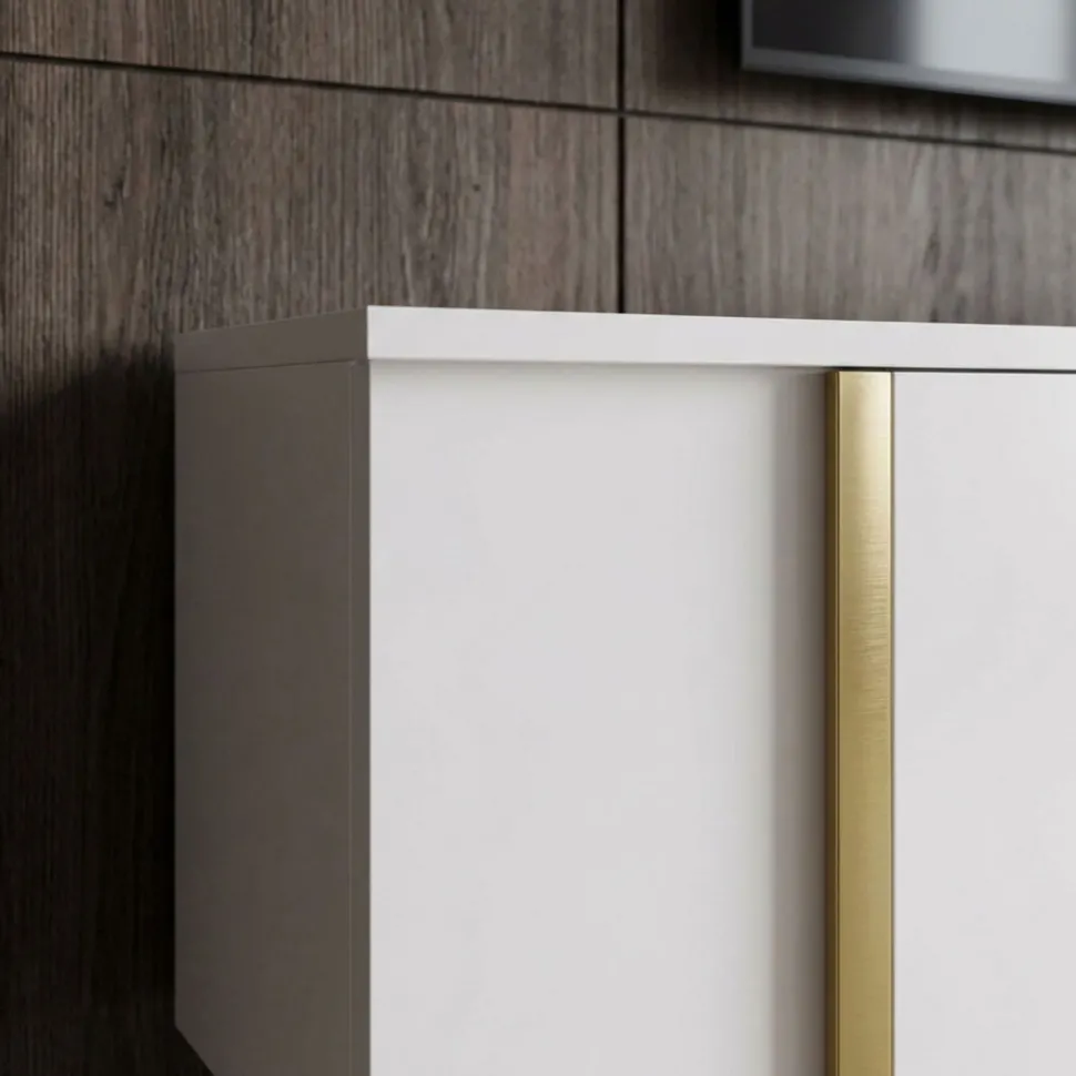 Meuble TV moderne avec 2 portes Valmain L180cm Blanc et Métal Or