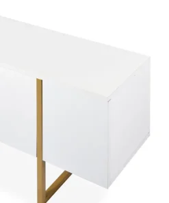 Meuble TV moderne avec 2 portes Valmain L180cm Blanc et Métal Or