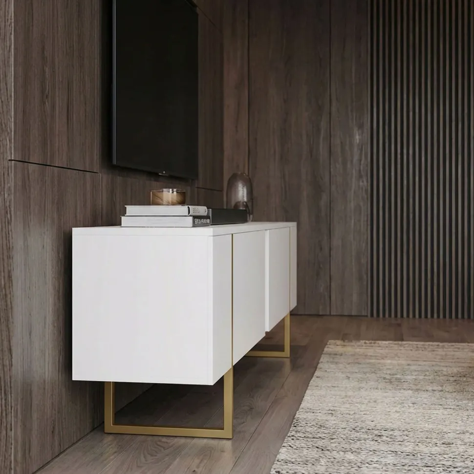 Meuble TV moderne avec 2 portes Valmain L180cm Blanc et Métal Or