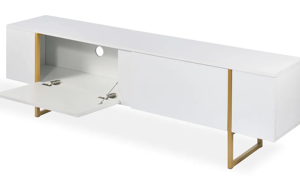 Meuble TV moderne avec 2 portes Valmain L180cm Blanc et Métal Or