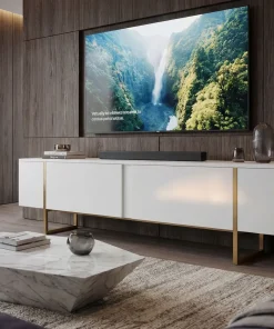 Meuble TV moderne avec 2 portes Valmain L180cm Blanc et Métal Or