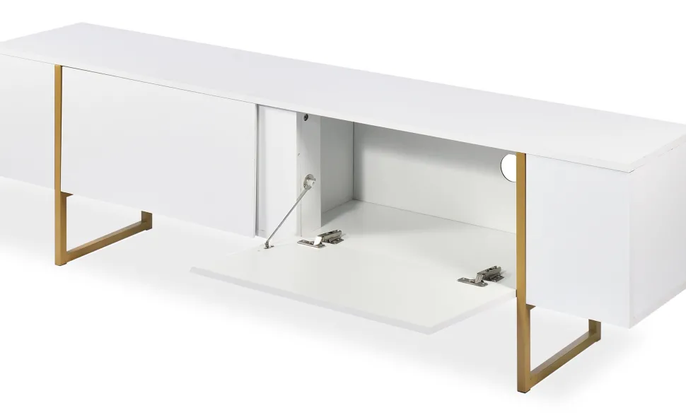 Meuble TV moderne avec 2 portes Valmain L180cm Blanc et Métal Or