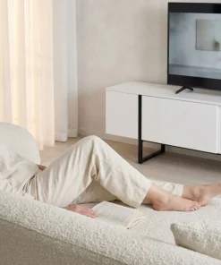 Meuble TV moderne avec 2 portes Valmain L180cm Blanc et Métal Noir