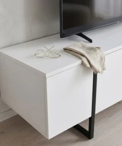 Meuble TV moderne avec 2 portes Valmain L180cm Blanc et Métal Noir