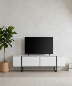 Meuble TV moderne avec 2 portes Valmain L180cm Blanc et Métal Noir