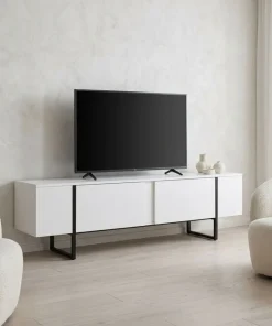 Meuble TV moderne avec 2 portes Valmain L180cm Blanc et Métal Noir