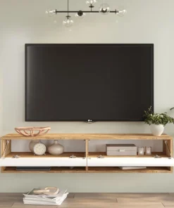 Meuble TV mural, 2 portes basculantes Pino L140cm Bois clair et Blanc