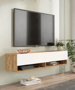 Meuble TV mural, 2 portes basculantes Pino L140cm Bois clair et Blanc