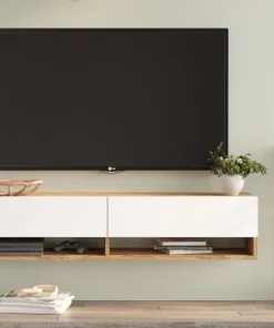 Meuble TV mural, 2 portes basculantes Pino L140cm Bois clair et Blanc