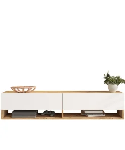 Meuble TV mural, 2 portes basculantes Pino L140cm Bois clair et Blanc