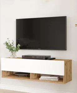 Meuble TV mural avec 1 porte basculante Pino L100cm Bois clair et Blanc
