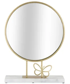 Miroir de table rond cadre métal doré base marbre blanc papillon métal