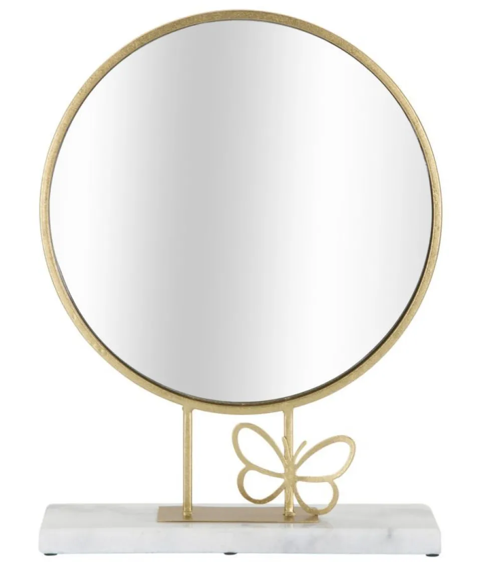 Miroir de table rond cadre métal doré base marbre blanc papillon métal