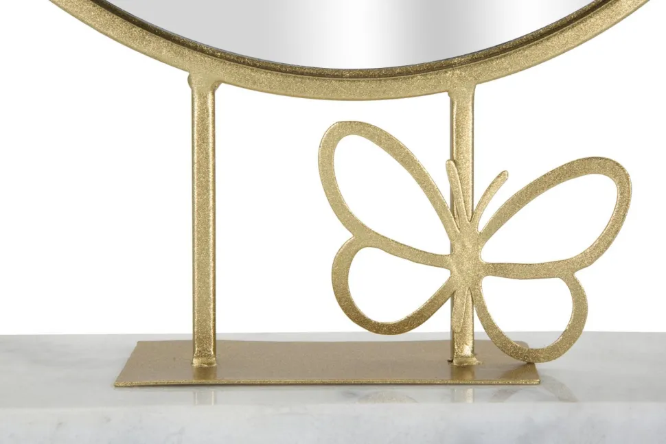 Miroir de table rond cadre métal doré base marbre blanc papillon métal