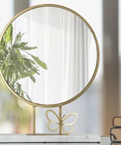 Miroir de table rond cadre métal doré base marbre blanc papillon métal