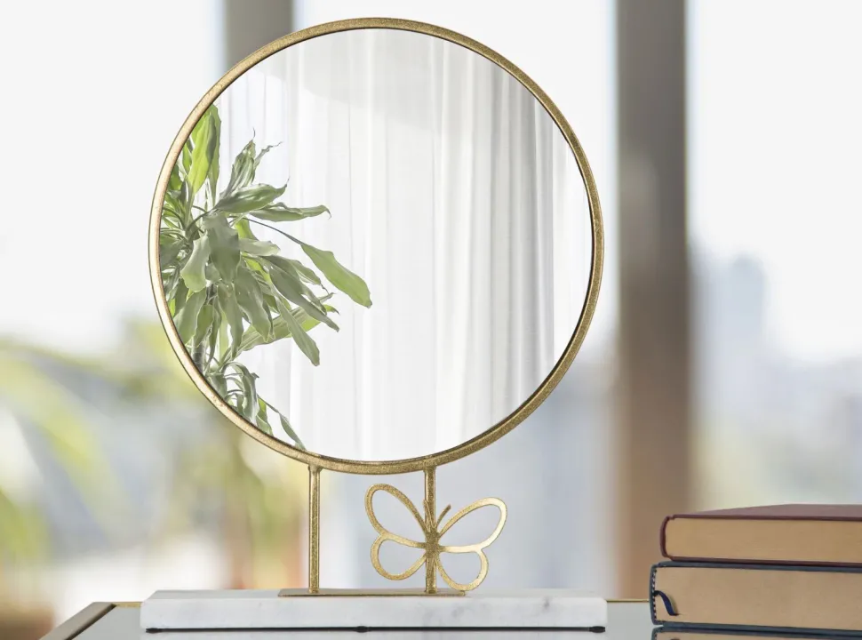 Miroir de table rond cadre métal doré base marbre blanc papillon métal