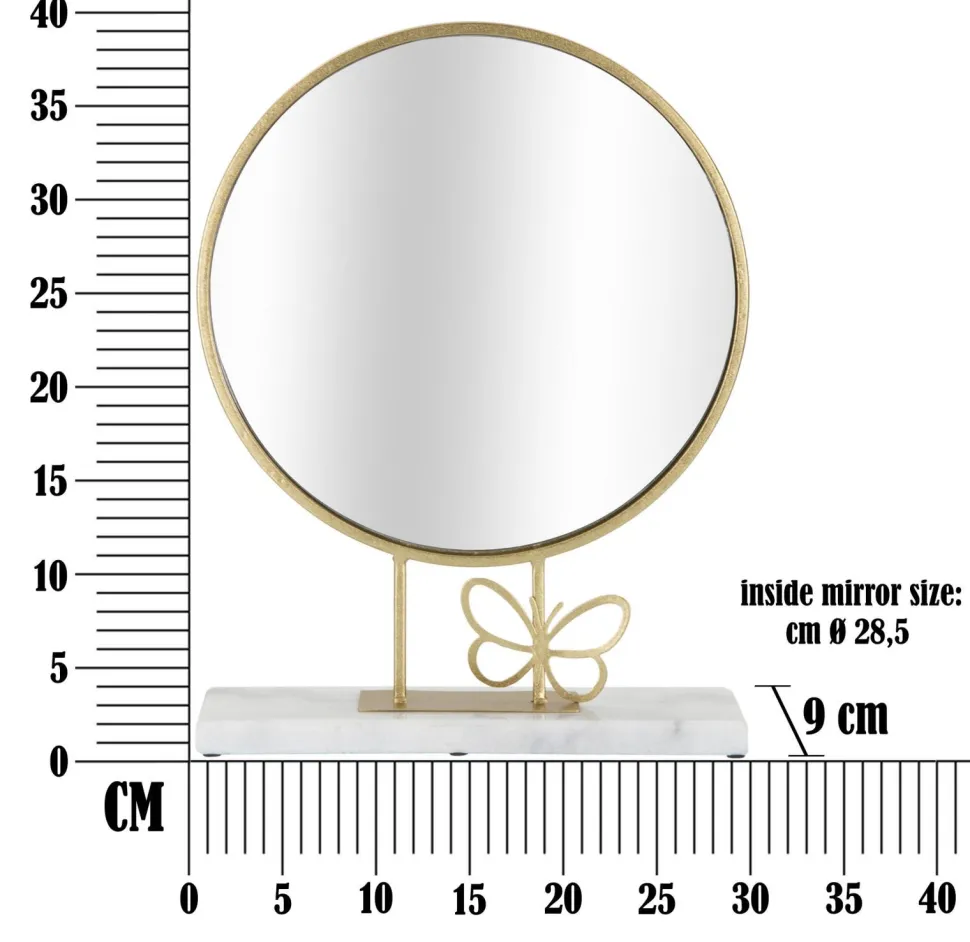 Miroir de table rond cadre métal doré base marbre blanc papillon métal