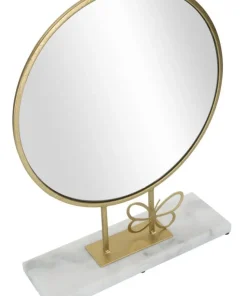Miroir de table rond cadre métal doré base marbre blanc papillon métal