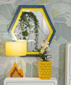 Miroir mural hexagonal cadre en bois Tissu Velours Bleu et Jaune