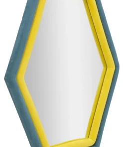Miroir mural hexagonal cadre en bois Tissu Velours Bleu et Jaune