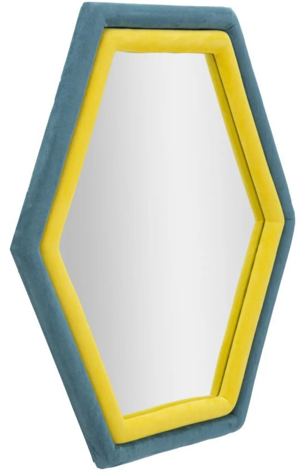 Miroir mural hexagonal cadre en bois Tissu Velours Bleu et Jaune